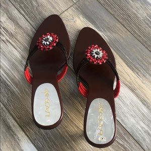 Red and Brown beaded slip on sandal Size 8